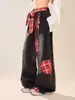 Jeans retos com detalhe de laço estiloso patchwork no atacado para mulheres, calça longa de cintura alta estilo americano de perna larga para primavera, na moda