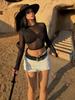 Comércio Exterior Transfronteiriço Europeu e Americano Roupas Femininas Sexy Gola Redonda Malha Transparente Manga Longa Patchwork Nicho Hot Girl Cropped Atacado