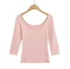 Camiseta Básica de Hombros Descubiertos Ajustada y Moderna para Mujer, Nuevo Top Interior Adelgazante de Manga Tres Cuartos Ajustado y Elástico para Otoño