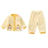 Conjunto de pijama flanelado infantil outono e inverno, desenho animado, espessado, para ficar em casa, conjunto de fleece de coral para bebê menina, quente