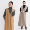 Vestido Chaleco de Manga Corta con Cuello en V de Comercio Exterior para Mujer Otoño e Invierno Color Sólido Casual Japonés y Coreano Holgado Aspecto Delgado Vestido Largo Exterior