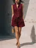 2026 Moda Vintage de Primavera y Verano para Sitio Independiente de Amazon Transfronterizo Conjunto de Top sin Mangas de Botones Frontales Holgado y Shorts