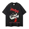 Camiseta Vintage Lavada con Estampado de Banda de Rock Floral de Cuello Redondo de Manga Corta Oversize para Hombre, Marca Europea y Americana de Moda