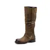 Botas de Caballero de Piel de Vaca+Microfibra para Mujer, Botas Largas de Caña Alta, Nuevas de Invierno, Punta Redonda, Tacón Medio, Hebilla, Botas de Tubo Recto Desgastadas, Botas para Mujer