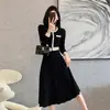 Vestido Suéter de Punto Redondo Estilo Chanel Elegante Estilo Coreano Hong Kong Cintura Ceñida Ropa de Abrigo Capa Base Falda Larga Hasta la Rodilla Otoño Invierno
