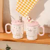 Taza de Cerámica Animal Corazón Modelo Nuevo 2026 con Tapa, Taza para Niñas, Regalo de Oficina, Vaso con Popote de Alto Valor
