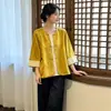Conjunto de dos piezas de seda de calidad garantizada para reducir la edad, estilo chino nuevo, para primavera y otoño, para madres de mediana edad, con top de manga media modificado y pantalones de pierna ancha
