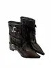 Botas de Salto Bloco Bico Fino para Mulheres 2026 Novo Estilo Botas Curtas Super Estilosas Botas de Salto Alto Franzidas Botas Western Cowboy Retrô