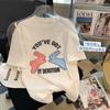 Camiseta de Manga Corta con Cuello de Bolsa de Algodón Puro con Estampado de Dibujos Animados Anime para Mujer 2024 Verano Nuevo Top Casual Holgado de Largo Medio