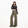 Pantalones largos de pierna recta para mujer, estilo retro americano deconstruido casual, color verde café, pantalones de algodón extendidos color verde café, transfronterizos
