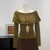 Suéter versátil, que estiliza la figura y adelgaza, de estilo coreano para mujer, con un nuevo diseño otoño/invierno con escote asimétrico, ribete de volantes y mangas largas