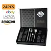 Juego de Cuchillo, Tenedor y Cuchara Amazon Portugal Transfronterizo, Famoso en Internet Caja Negra Juego de Cubiertos de Acero Inoxidable de 24 Piezas, Cuchillo, Tenedor y Cuchara para Steak Occidentales