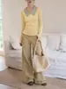 Suéter de Punto Amarillo con Cuello en V Falso Dos Piezas para Mujer, Suéter de Punto Cableado con Cuello Polo para Otoño e Invierno, Camiseta Base de Capa Interior