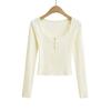 XMY2422-24 verão novo francês temperamento puro textura fio renda costura menina quente botão camiseta