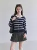 Cardigan Tricotado Listrado Colorido Contrastante Gola Redonda Manga Longa Feminino 2026 Outono Novo Estilo Coreano Peça de Roupa Petite Top de Temperamento