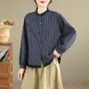 Foto Real de 2025 Sencillo Otoño Nuevo Estilo Literario Tamaño Grande Retro Camisa Manga Larga Cuello Redondo Estilo Coreano Top para Mujer