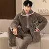 Pijama Masculino Veludo Coral Inverno Jaqueta Acolchoada de Três Camadas Forrada com Lã Grossa Quente Outono e Inverno Conjunto de Roupa para Casa Jovem