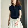 Tricô de Algodão com Manga Curta para Mulheres 2025 Verão Novo Camiseta Polo Curta Bordada com Letras