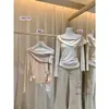 Blusa de Satén Patchwork de Manga Larga Off-Shoulder Versátil Adelgazante Estilo Francés Suave Otoño para Mujer 28627