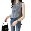 Camisa a rayas con cuello en V de talla grande de estilo coreano para mujer, top sin mangas, holgado, adelgazante, con forro de gasa, verano 2022