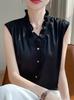 Camisa Blanca Estilo Francés para Mujer Diseño de Primavera y Verano Sentido del Diseño Estilo Extranjero Conocimiento Encaje de Oreja de Madera Cuello en V Sin Mangas Top