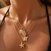 Collar Colgante de Flor de Acero Inoxidable y Oro de 18 Quilates Transfronterizo Europeo y Americano Collar en Capas con Tema Marino Caracola Estrella de Mar Concha