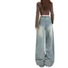 Jeans wide leg estampado retro americano para mulheres, cintura alta, novo estilo primavera e outono, corte solto, modelador, design único, calças de perna reta