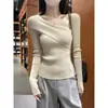Camiseta Básica de Punto Irregular Estilo Lujo para Mujer, Corte Ajustado, Top Favorecedor, Suéter Suave para Otoño e Invierno, Manga Larga Pura y a la Moda