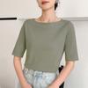 2025 Nuevo Verano Algodón Puro Cuello de Línea Única Tejido de Punto Camiseta de Manga Corta para Mujer Jersey Color Puro Suelto Camiseta Básica