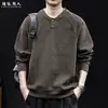 "Commute Texturizado" Sudadera de alta gama negra con cuello Henley para hombre, Otoño holgada talla extra, manga larga pesada