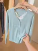 Cardigan de Punto de Manga Larga con Encaje, Cuello en U, Color Azul Lago, Moda Coreana de Alta Gama, Dos Piezas Falsas, Temporada de Otoño e Invierno Verde