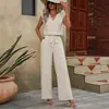 Conjunto Casual Feminino de Verão 2026 Americano Transfronteiriço Amazon Cor Sólida Sem Mangas Gola V Solto + Calça de Cintura com Cordão Wide-Leg