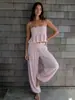 Conjunto de dos piezas: top tipo camisola de encaje reductor de cintura con cordones en el tobillo y pantalones de pierna ancha con cordones; camisola de encaje hueco con cordones y pantalones largos de malla tipo linterna