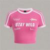 Camiseta Feminina Gola Redonda Manga Curta Slim Fit Estilo Americano Verão 2025 Personalidade Street Lettering Costura Sexy Listrada