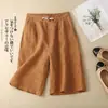 Pantalones Anchos de Algodón Lino Estilo Retro Rectos de Cinco Puntos Verano Cintura Elástica Diseño Pantalones Cortos Casuales Mujer