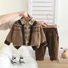 Casaco Cardigan Suéter de Manga Longa para Bebê 2025 Primavera e Outono Novo Meninos Bonito Flor Camisa Tendência Crianças Conjunto de Três Peças Atacado