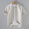 9048 Camisa de Lino de Manga Corta de Verano para Hombre Camisa Casual de Algodón y Lino con Cuello Cuadrado para Hombre Top de Lino de Color Sólido de Media Manga