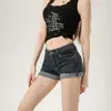 Shorts de mezclilla con dobladillo enrollado estilo americano para mujer, nuevo modelo de verano, tiro bajo, elásticos, adelgazantes, de corte A, ajustados a la cadera, hot pants