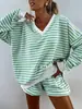 Conjunto de shorts listrado soltinho de manga longa para mulheres, conjunto casual e moderno de duas peças, nova tendência de verão transfronteiriça europeia e americana