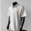 Camisa Polo Masculina de Manga Curta com Ombros Retos Estilo Americano, Camiseta Juvenil Pesada de Verão com Gola Polo e Mangas Raglan de Três Quartos, Top Tendência