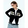 Cardigan de tricô redondo com padrão de losangos vermelho estilo retrô americano para mulheres, outono, estilo universitário de alta qualidade, emagrecedor e macio, casaco de manga longa