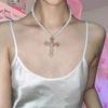 Design de Nicho Y2K Europeu e Americano Pingente de Cruz com Diamantes Colar de Pérolas Joias de Spice Girl Femininas