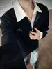 Moletom patchwork falso de duas peças com gola de camisa para homens, primavera e outono, estilo americano, com zíper, top patchwork vintage, jaqueta estilo universitário para casal