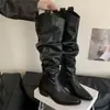Botas Longas Miting Estilo Vintage com Pregas, Bico Apontado e Salto Grosso, Botas Western Cowboy Versáteis e Únicas para Mulheres