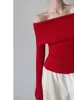 Top de um ombro com senso de luxo para mulheres, de manga longa, malha para outono e inverno, ombro a ombro, suéter justo, lapela, curto, top canelado