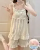 Pijama con Almohadillas para el Pecho y Tirantes para Mujer, Verano Dulce Estilo Princesa Delgado Algodón Nube Conjunto de Dos Piezas para Casa que se Puede Usar Afuera