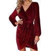 Vestido de fiesta de manga larga plisado con cuello en V y falda corta cruzada para mujer, otoño 2022, Amazon
