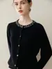 Cardigã 100% caxemira pura com detalhes em diamante para mulheres, suéter de gola redonda, novo casaco de tricô solto para outono e inverno 2025