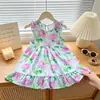 Nueva Falda de Algodón y Seda para Niños, Estilo Delgado de Verano, Vestido con Tirantes y Mangas Volantes Florales para Niñas, Vestido Infantil Elegante al por Mayor
