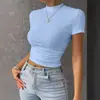 Exportación Transfronteriza Amazon Temu2024 Top de Punto de Manga Corta Plisado Cuello Redondo Color Sólido Delgado Navel-Baring
